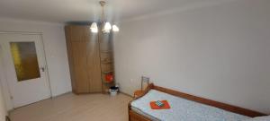 a bedroom with a bed and a closet in a room at Wolfs apartment in Rīga +4 photos