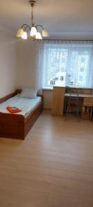 a bedroom with a bed and a desk and a window at Wolfs apartment in Rīga