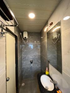 ダポリにあるHotel Royal Usiの洗面台とシャワー付きのバスルーム