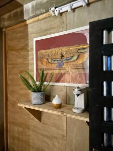 un estante con una planta y un cuadro en una pared en EB5 Escape Tzununa, Lake Atitlan Room #3 - two minute walk to the Lake, en Tzununá