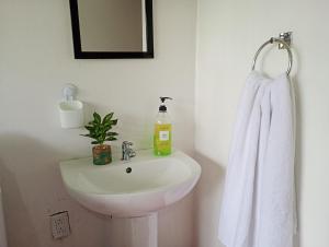 a bathroom with a white sink and a towel at Cabaña cielo celeste in Rio Celeste +23 photos