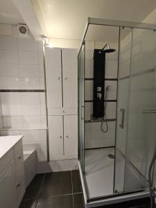 a shower with a glass door in a bathroom at Portvendres Sea view in Port-Vendres