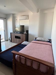 een slaapkamer met een bed en een flatscreen-tv bij Dpto Bambú in Salta