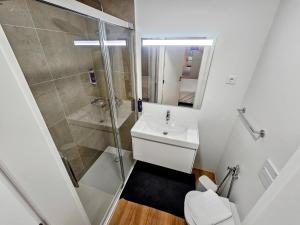 a bathroom with a shower and a sink and a toilet at Apartamento Sonho Jardim in Ponta Delgada +17 photos