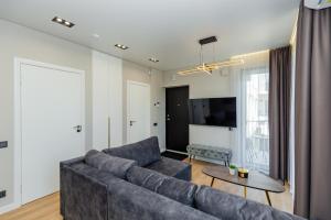a living room with a couch and a table at Baltic Harmony Apartments in Palanga +14 photos