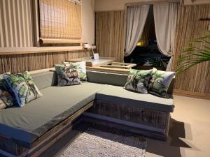 a room with a couch with pillows on it at Sunrise Lodge Ocean View in Port Mathurin