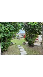 un jardín con dos árboles grandes y un sendero en Maison Le puits du bonheur, en La Celle-sous-Gouzon