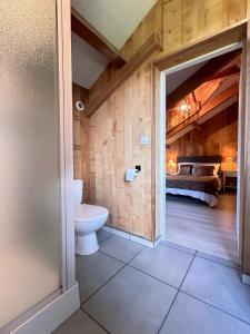 a bathroom with a toilet and a bed in a room at Chalet au bord d'un lac privé in Saint-Estèphe