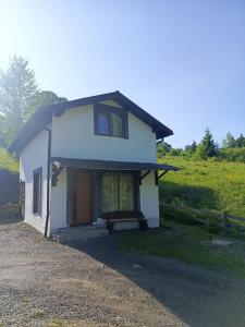 a small white house with a gravel driveway at Подих Карпат in Volosyanka