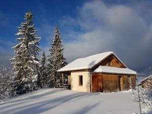a cabin in the snow with a tree at Chalet Beaujon Chapelle-des-Bois in Chapelle-des-Bois