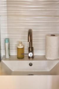 a sink with a faucet and a roll of paper towels at Fully Equipped Studio in Sesvete in Sesvete