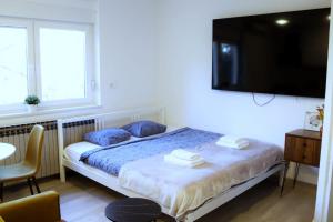 een slaapkamer met een bed met blauwe kussens en een flatscreen-tv bij Warm'n Fuzzy Studio in Central Sesvete in Sesvete