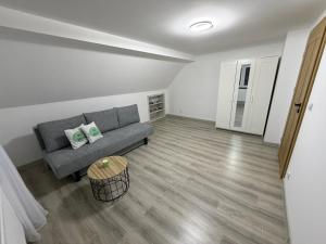 a living room with a couch and a table at Piękna Góra House in Gołdap +11 photos