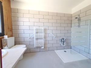 a bathroom with a toilet and a glass shower at Chalet au bord d'un lac privé in Saint-Estèphe +30 photos