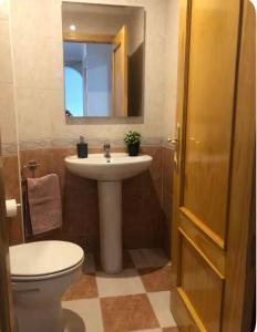 a bathroom with a sink and a toilet and a mirror at coparelia 2 in Villarrobledo