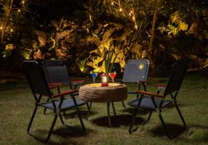 three chairs and a table with wine glasses on it at Cat Ba Serena Homestay And Swimming Pool in Cat Ba