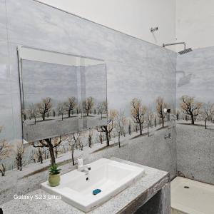 a bathroom with a large mirror and a white sink at Moon Guest House in Trincomalee