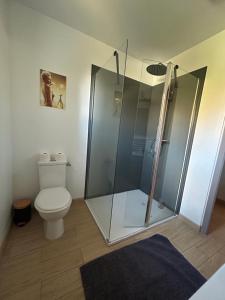 Un baño con inodoro y ducha de cristal. en Studio indépendant Lisieux, en Lisieux 25 fotos más