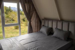 a bedroom with a bed with a large window at Cozy cottage with mountain view in K'obulet'i