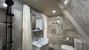 a bathroom with a sink and a toilet and a shower at Cozy cottage with mountain view in K'obulet'i +24 photos