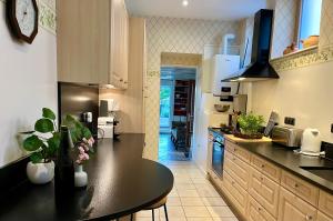 eine Küche mit einer schwarzen Arbeitsplatte in einem Raum in der Unterkunft Maison de famille de charme en pleine nature en bord de rivière à 20 min d'Angers in Seiches-sur-le-Loir + 25 Fotos