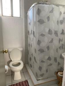 a bathroom with a toilet and a shower curtain at Casa-Patio Bugambilias in Temixco
