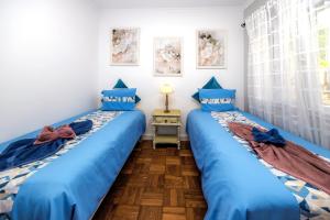 two blue beds in a room with a window at Casa Maravilha II in Caniço