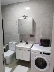 een badkamer met wasmachine en toilet bij villakasel in Koycegiz
