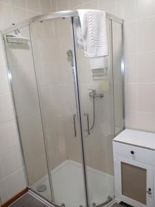 een douche met een glazen deur in een badkamer bij Les 4 Portes in Le Mesnillard