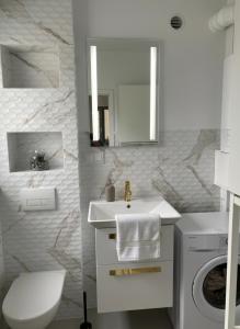 a bathroom with a sink and a washing machine at Casa Milo - Trzęsacz in Trzęsacz