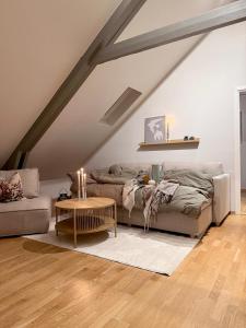 トロンハイムにあるSpacious and modern apartment in the heart of the cityのソファとテーブルのあるリビングルーム