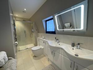 a bathroom with a sink and a toilet and a mirror at Special Occasion, Stunning sea view balconied suite in Shoreham-by-Sea
