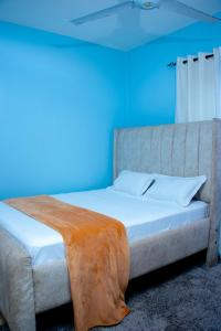 una cama en una habitación con una pared azul en Zana homes, en Kilifi
