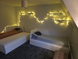 a room with two beds with lights on the wall at Bistrycia in Vilnius +5 photos