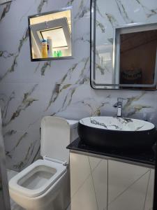a bathroom with a sink and a toilet and a mirror at Village house Palma in Mingachevir