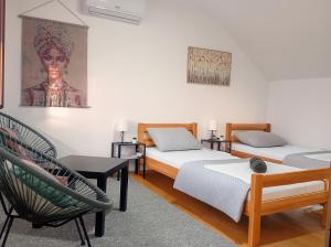 a room with three beds and a chair at Kuća Amazonija in Apatin +28 photos