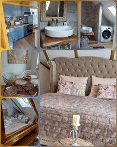 een collage van foto's van een woonkamer met een bank bij Bátory Luxury Apartman in Békéscsaba