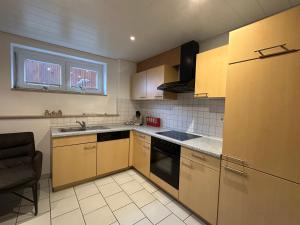 a kitchen with wooden cabinets and a sink and a refrigerator at Haus Alexandra in Rust