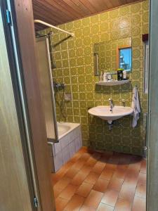 een badkamer met een wastafel, een bad en een spiegel bij Alex3 in Hannover