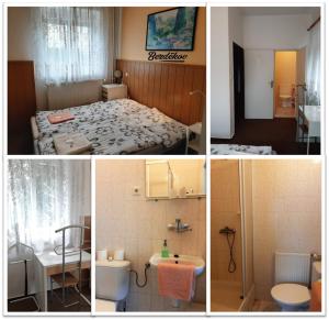a collage of four pictures of a bedroom and a bathroom at Penzion Bezděkov in Rakovník +35 photos