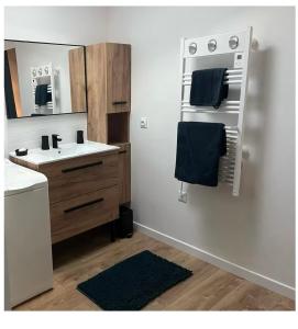 a bathroom with a sink and a mirror at Appartement calme in Sigogne