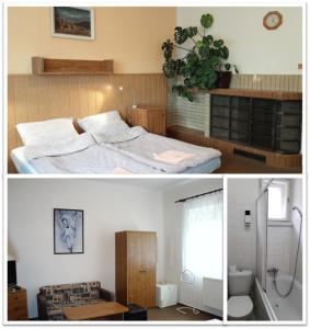two pictures of a bedroom with a bed and a bathroom at Penzion Bezděkov in Rakovník