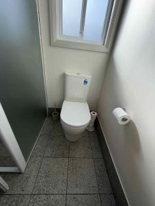a small bathroom with a toilet with a window at Red Hill Cabin#2 - 2-bedroom in Walcha +40 photos
