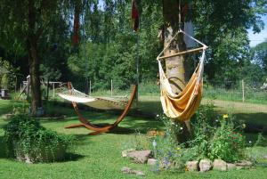 a hammock hanging from a tree in a garden at Ferienwohnung Cillien in Dudeldorf