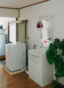 桜の宿 في أوساكا: حمام مع حوض ومرآة ونبات