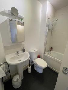 Un baño blanco con lavabo e inodoro. en Arti One Bedroom Apartment, en Wrexham