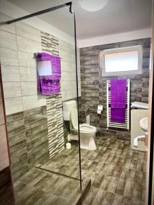 a bathroom with a toilet and purple towels at Asgard Residence Apartaments in Timişoara