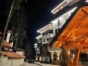 a building in the middle of a street at night at Bambi in Pamporovo