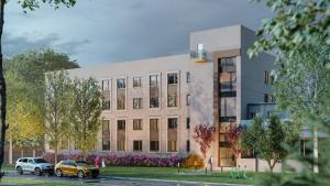 an architectural rendering of a building with cars parked in front at Lauvas Rezidences - Self check-in in Rīga +4 photos