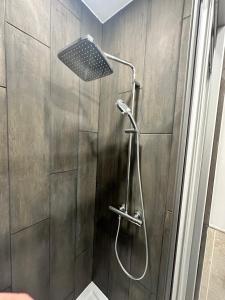 a shower with a shower head in a bathroom at Lauvas Rezidences - Self check-in in Rīga